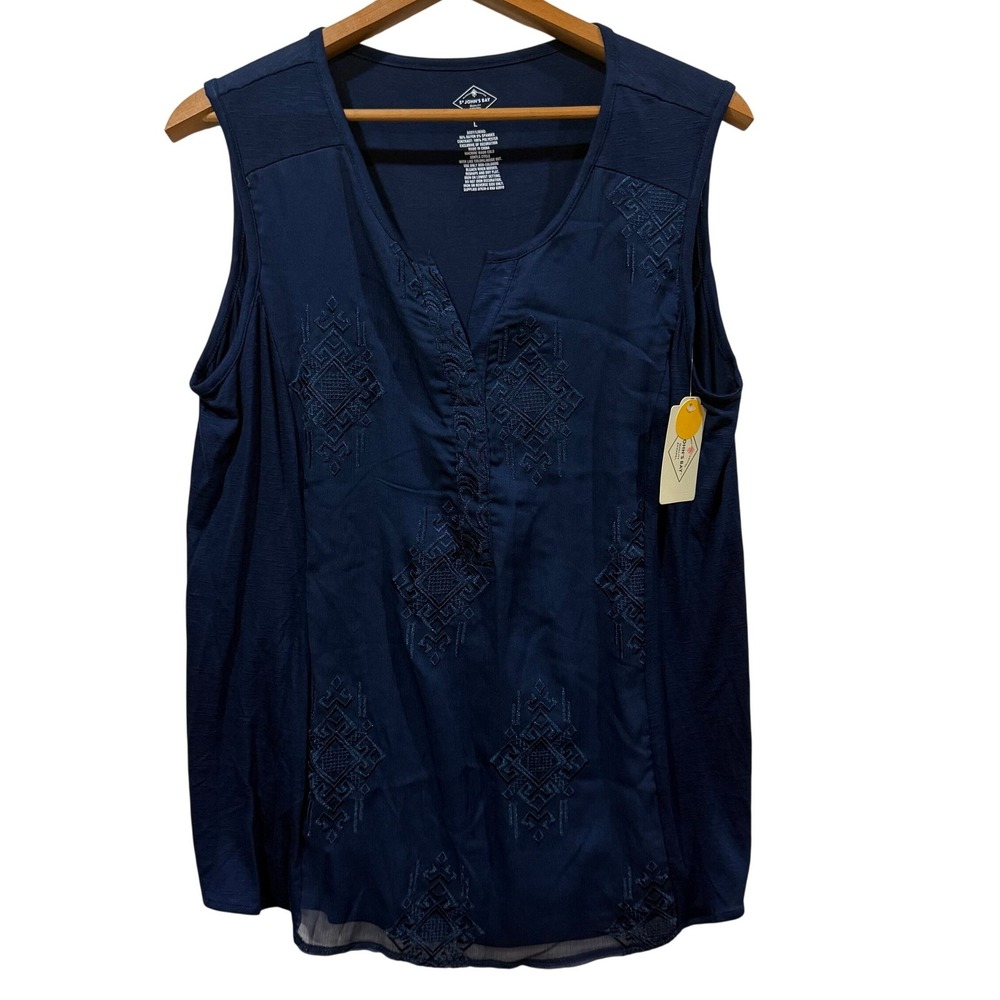 St Johns‎ Bay Womens Embroidered Sleeveless Top American Navy Blue Large NWT